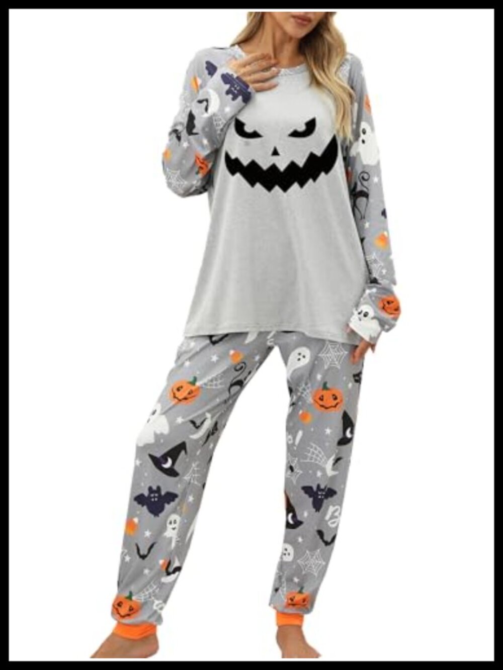 Women's Cozy Halloween Pajama Set Ghost Pumpkin Print Long Sleeve Top & Pants